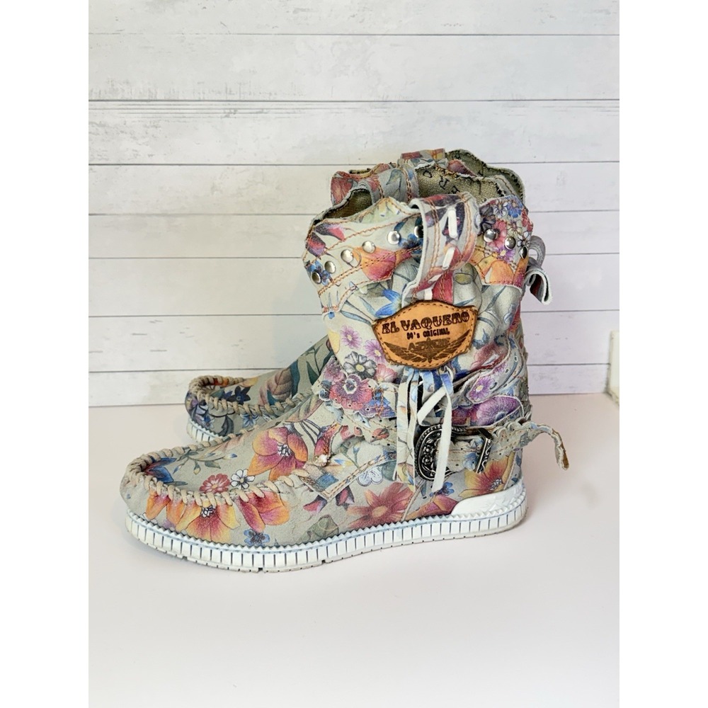 El Vaquero Yara Freedom Floral Moccasin Boots Size 37/7 Multicolor Leather Italy